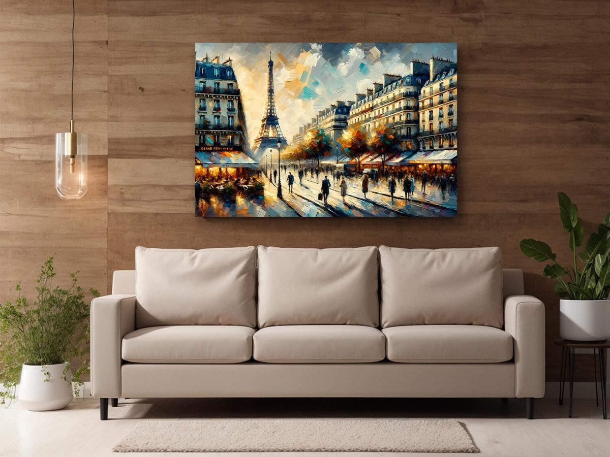 Paris mit Eiffelturm und belebter Straße bei Sonnenuntergang, Digital Art,