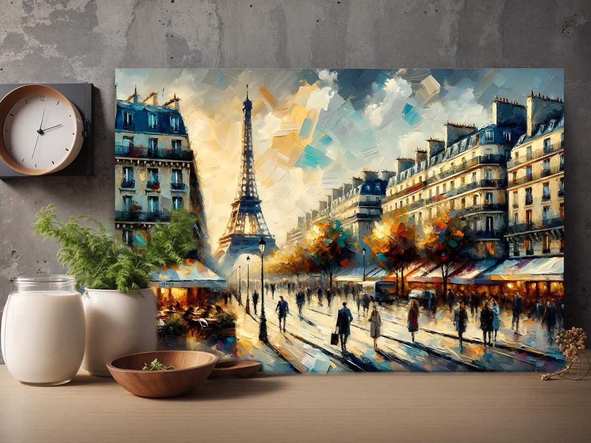 Paris mit Eiffelturm und belebter Straße bei Sonnenuntergang, Digital Art,