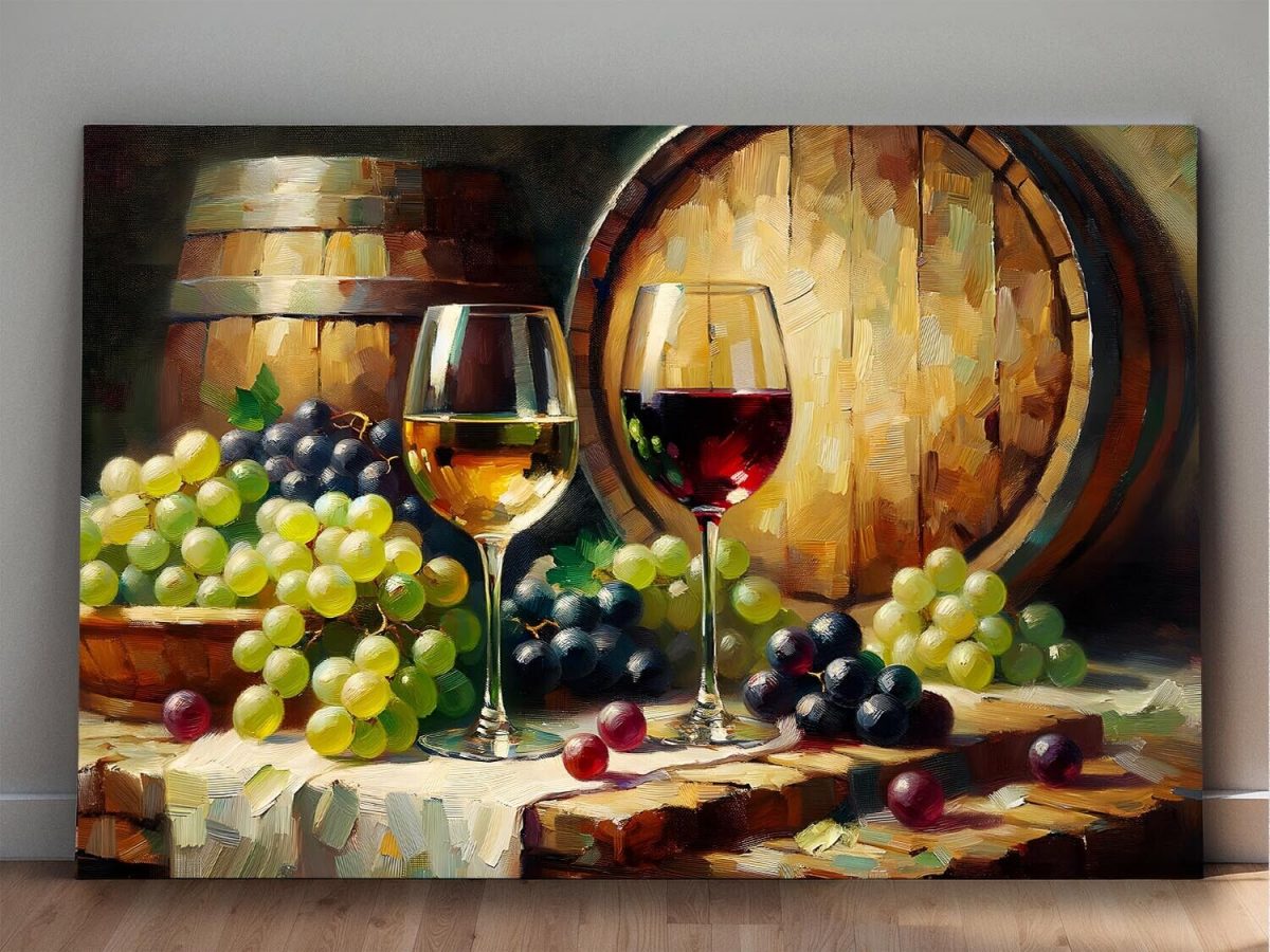 57-290.jpg Stillleben mit Wein, Trauben und Fässern, Digital Art,