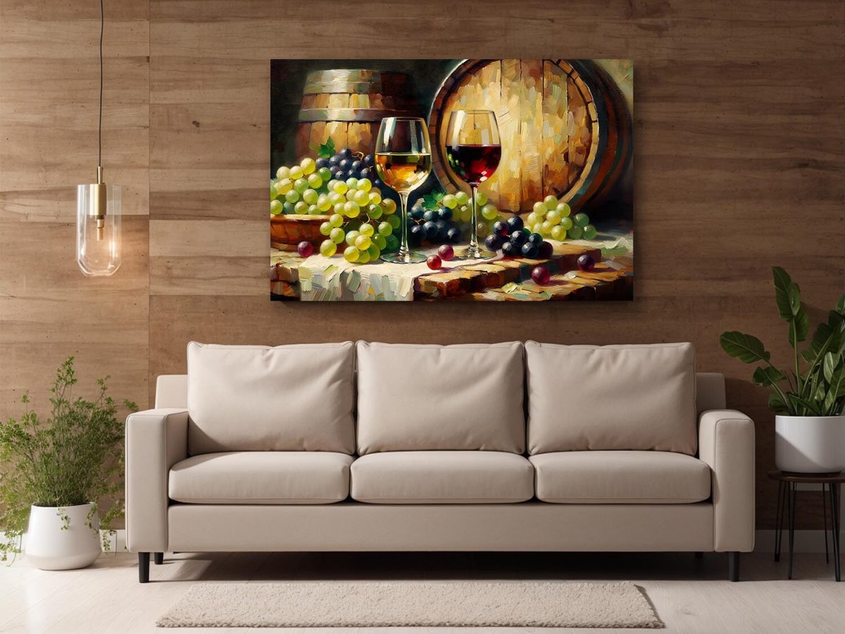 57-292.jpg Stillleben mit Wein, Trauben und Fässern, Digital Art,