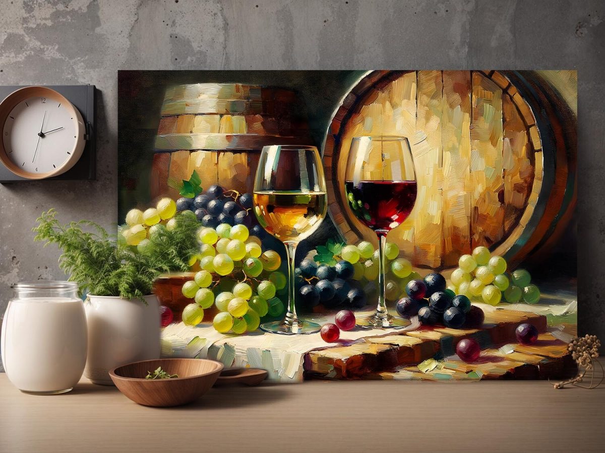 57-293.jpg Stillleben mit Wein, Trauben und Fässern, Digital Art,