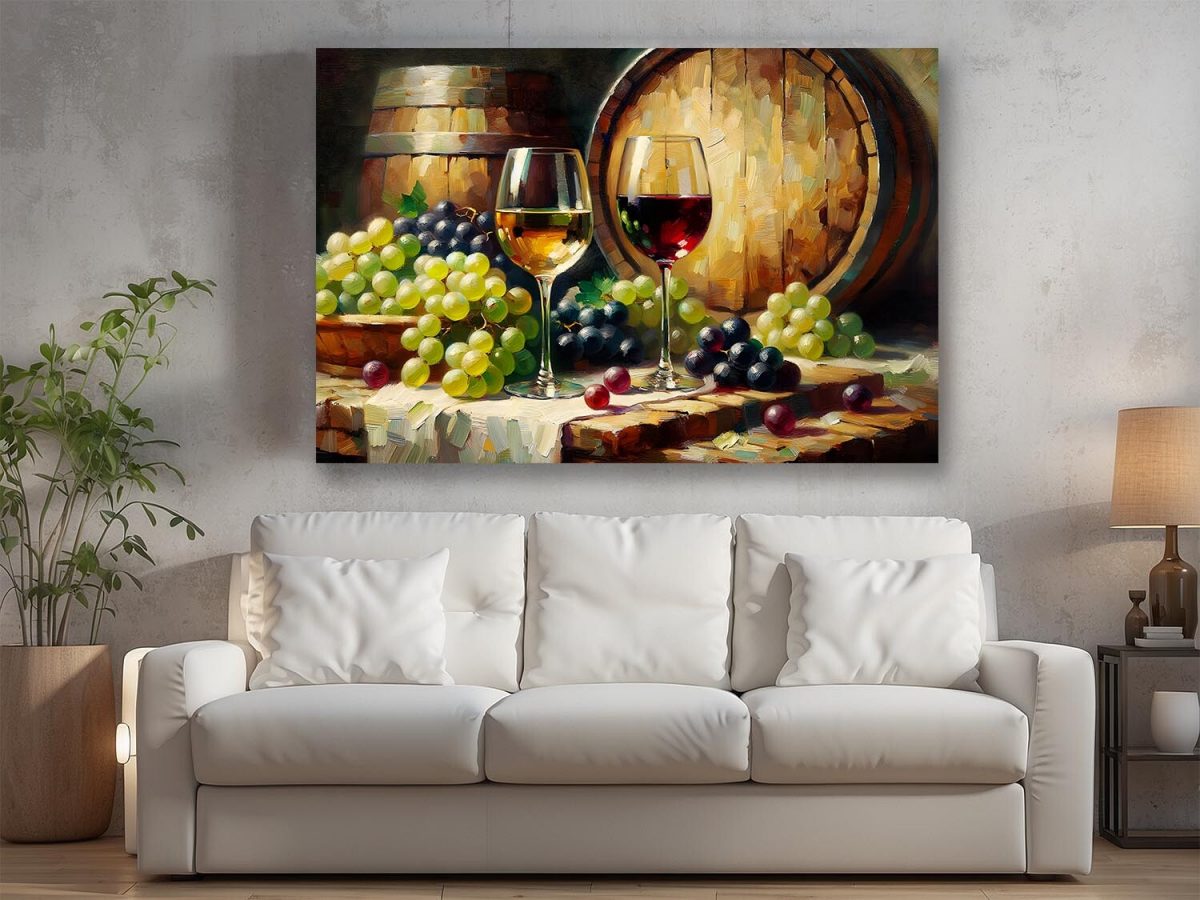 57-294.jpg Stillleben mit Wein, Trauben und Fässern, Digital Art,