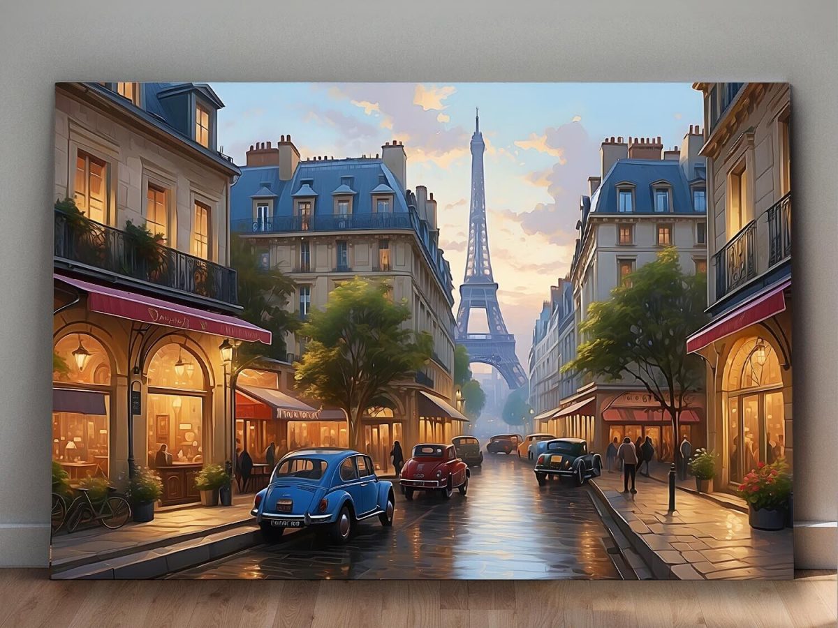 Pariser Straßenszene mit Eiffelturm – wie Ölgemälde, Digital Art, KI Art