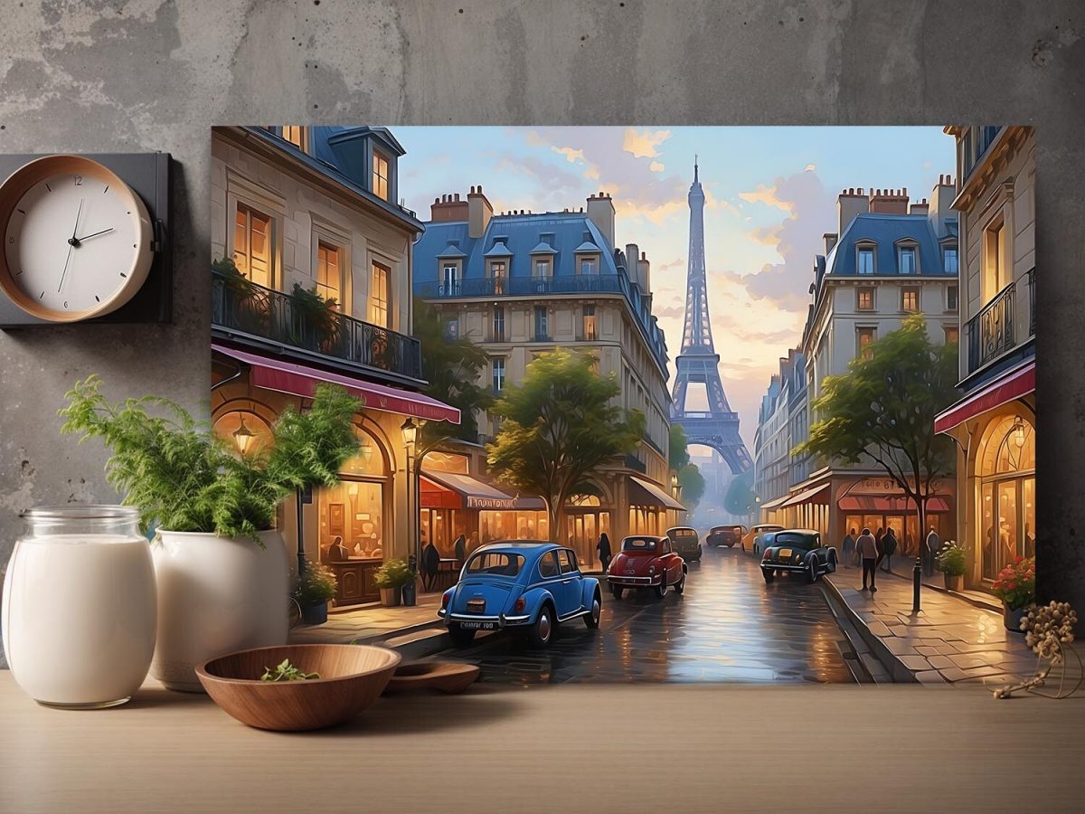 Pariser Straßenszene mit Eiffelturm – wie Ölgemälde, Digital Art, KI Art