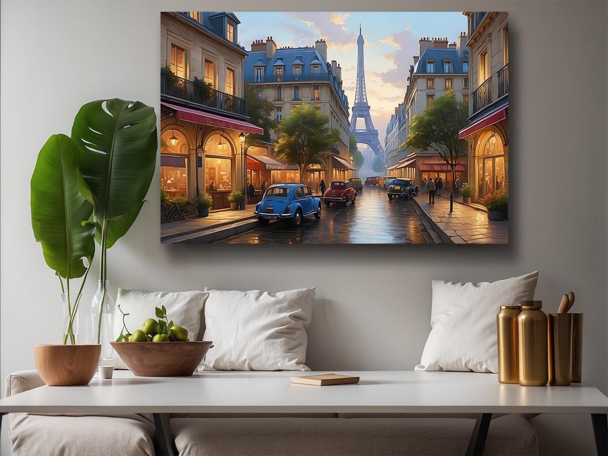 Pariser Straßenszene mit Eiffelturm – wie Ölgemälde, Digital Art, KI Art