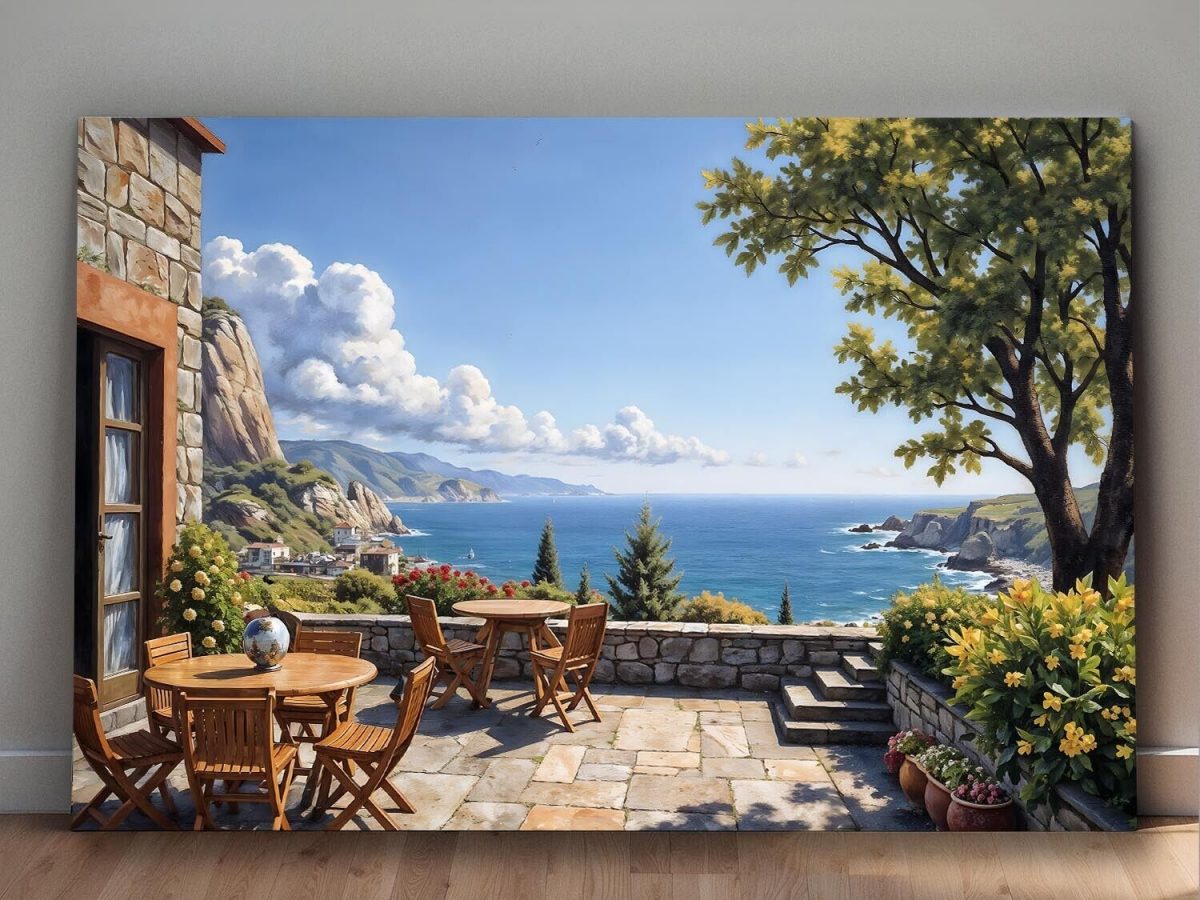 Mediterrane Terrasse mit Meerblick - Druck auf Leinwand