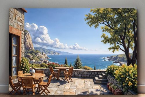 Mediterrane Terrasse mit Meerblick - Druck auf Leinwand