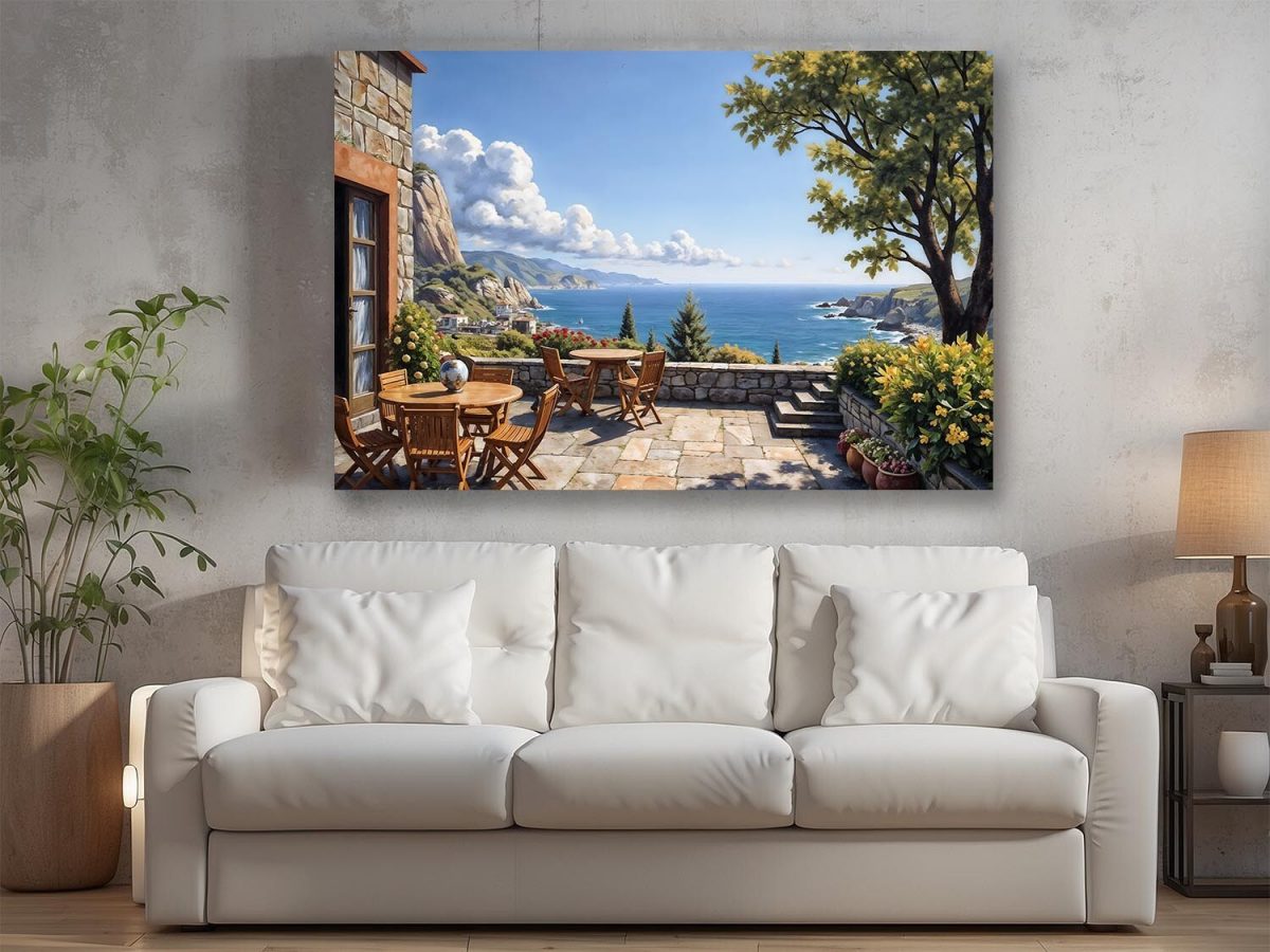 Mediterrane Terrasse mit Meerblick - Druck auf Leinwand