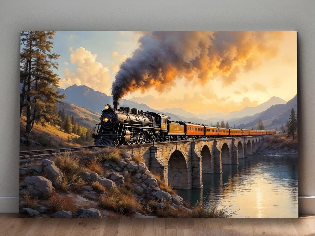 Dampflok über dem Viadukt , Druck auf Leinwand