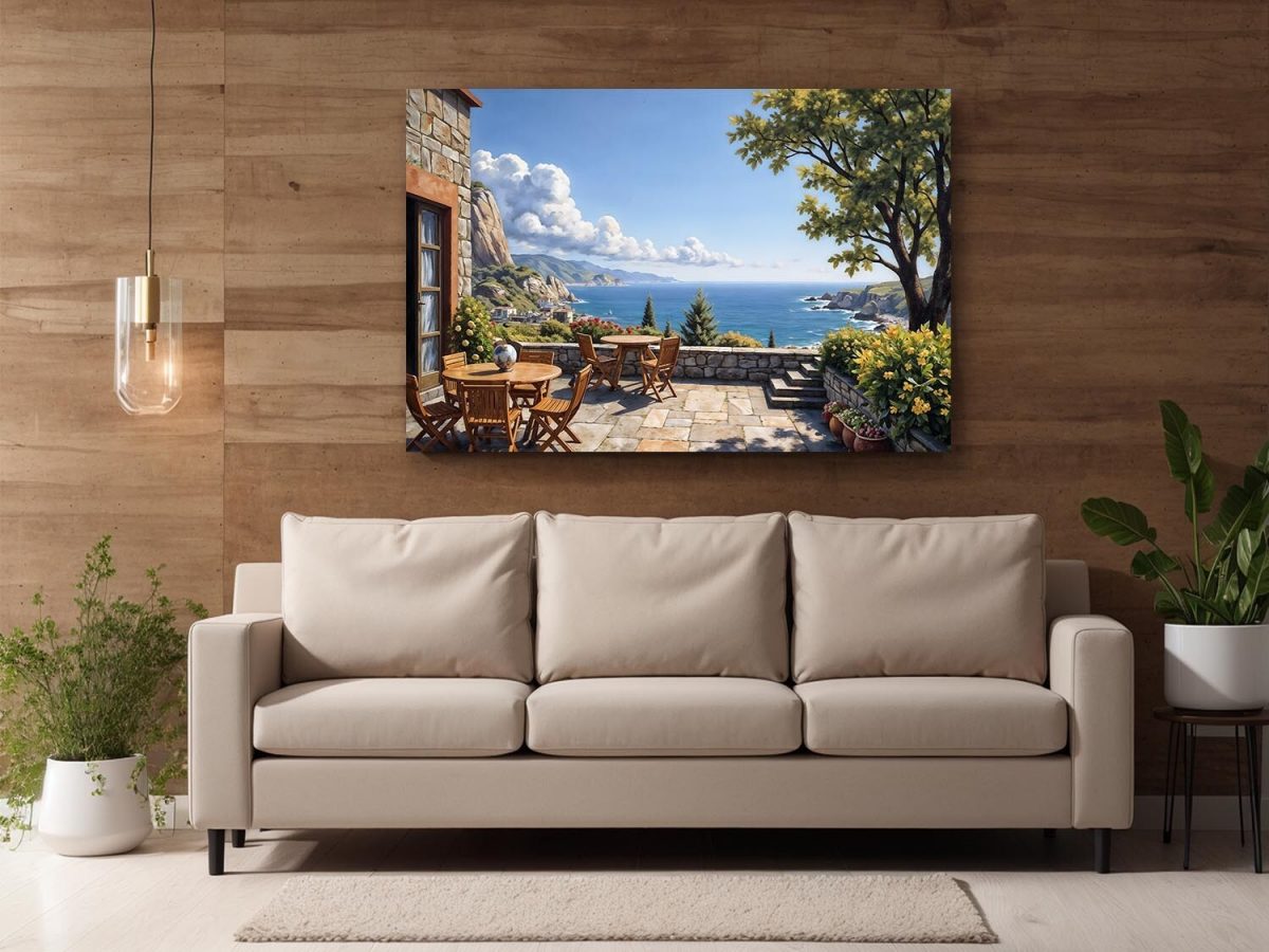 Mediterrane Terrasse mit Meerblick - Druck auf Leinwand
