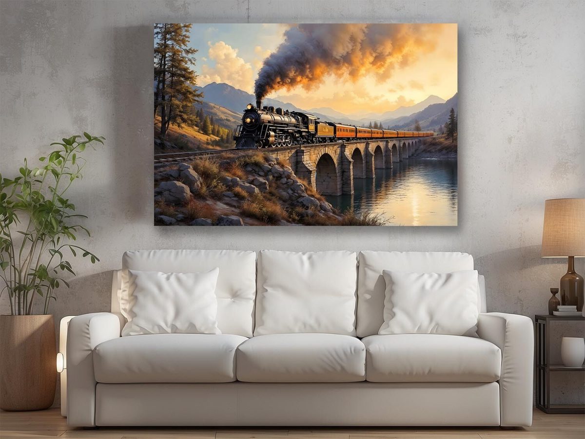 Dampflok über dem Viadukt , Druck auf Leinwand