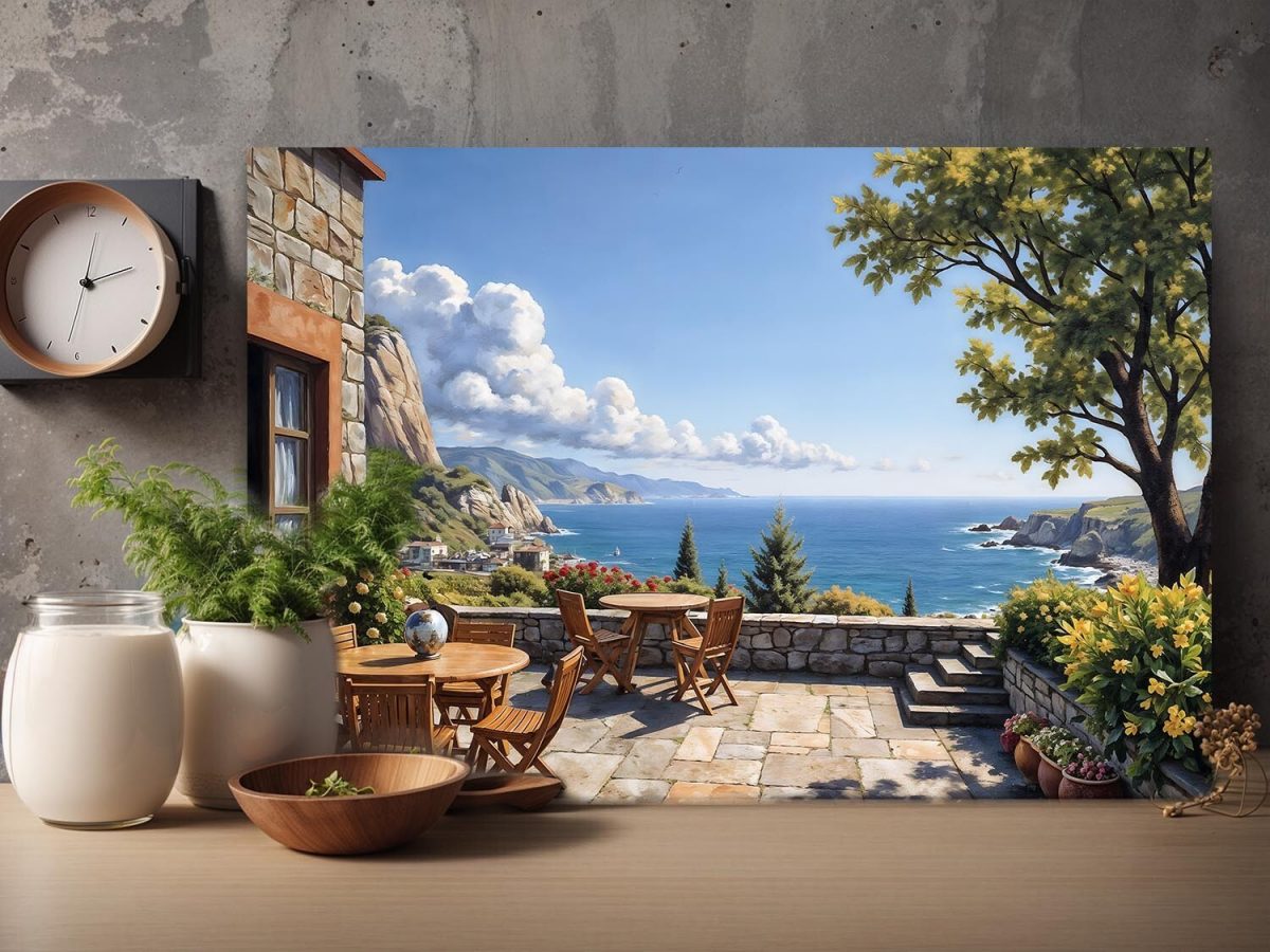 Mediterrane Terrasse mit Meerblick - Druck auf Leinwand