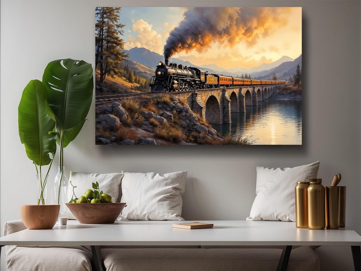 Dampflok über dem Viadukt , Druck auf Leinwand