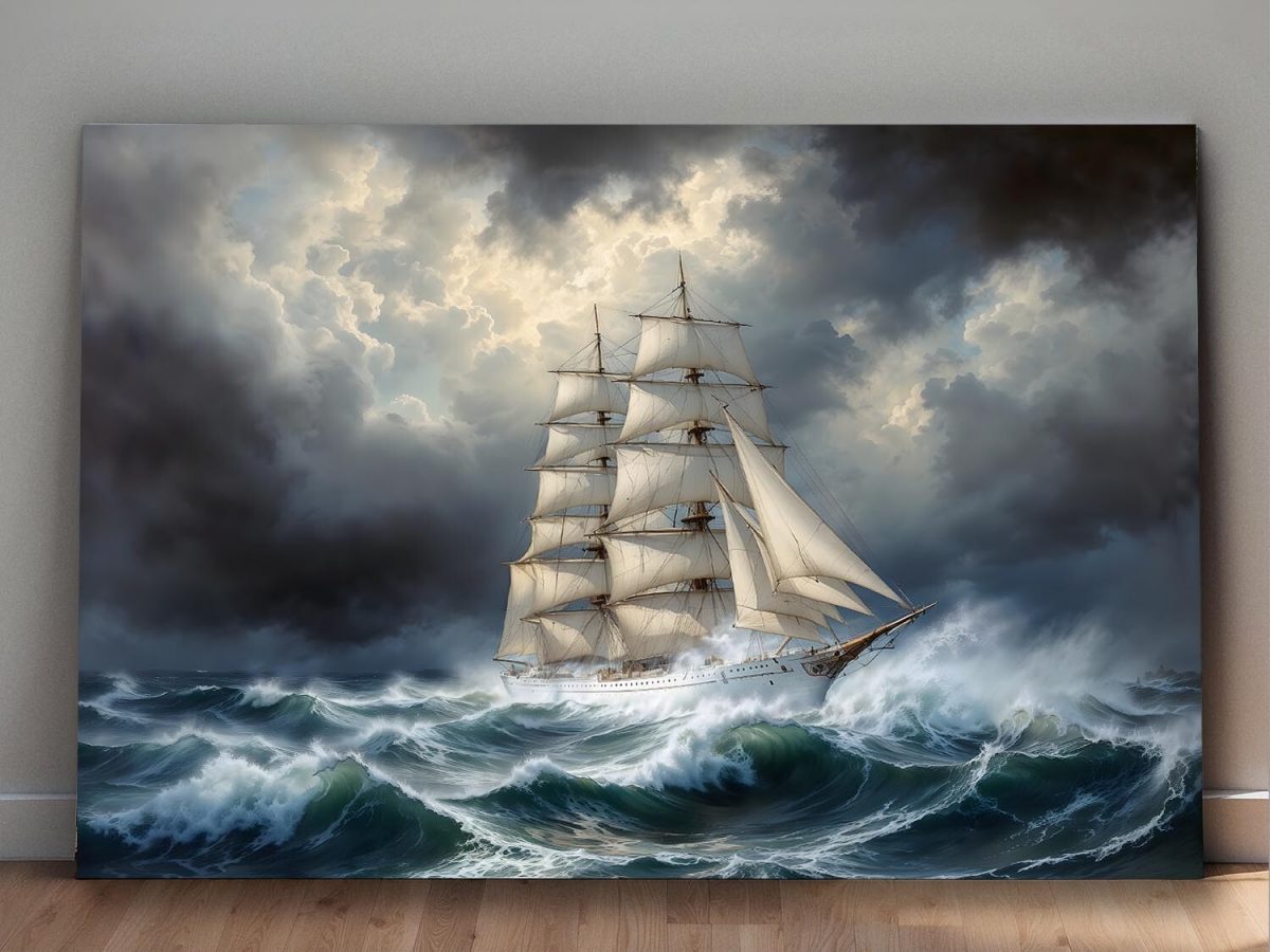 Windjammer in stürmischer See , Druck auf Leinwand