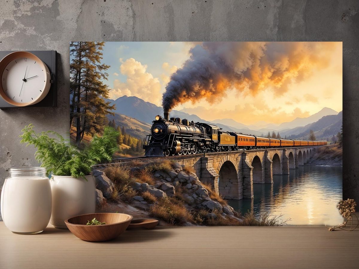 Dampflok über dem Viadukt , Druck auf Leinwand