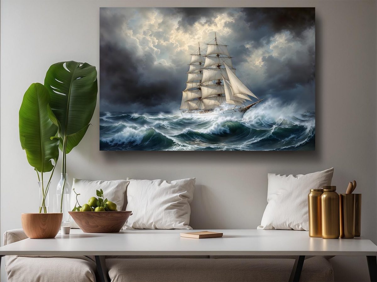 Windjammer in stürmischer See , Druck auf Leinwand