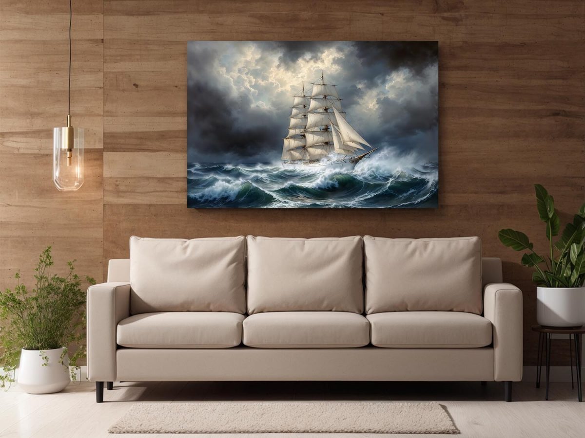 Windjammer in stürmischer See , Druck auf Leinwand