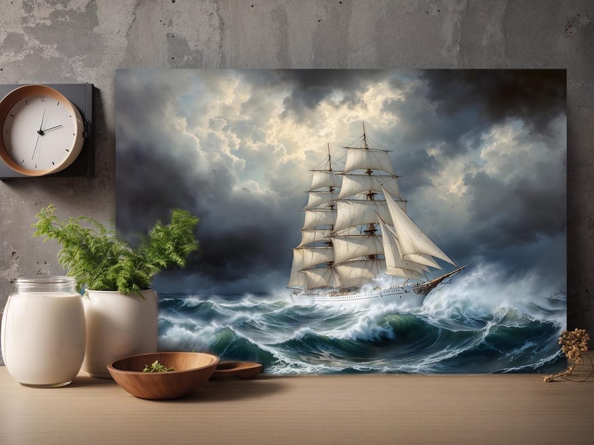 Windjammer in stürmischer See , Druck auf Leinwand