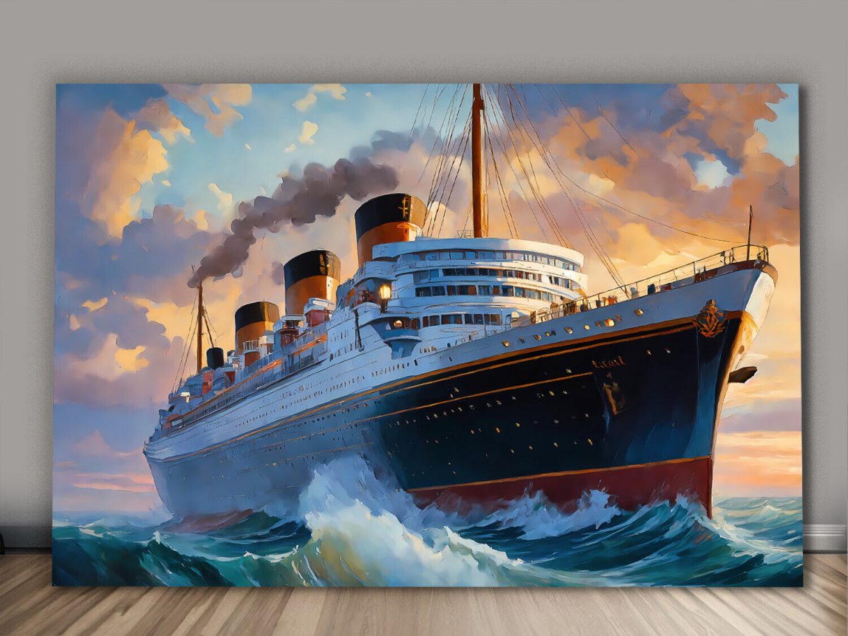 Ozeandampfer mit drei Schornsteinen – wie Ölgemälde, Digital Art, KI Art