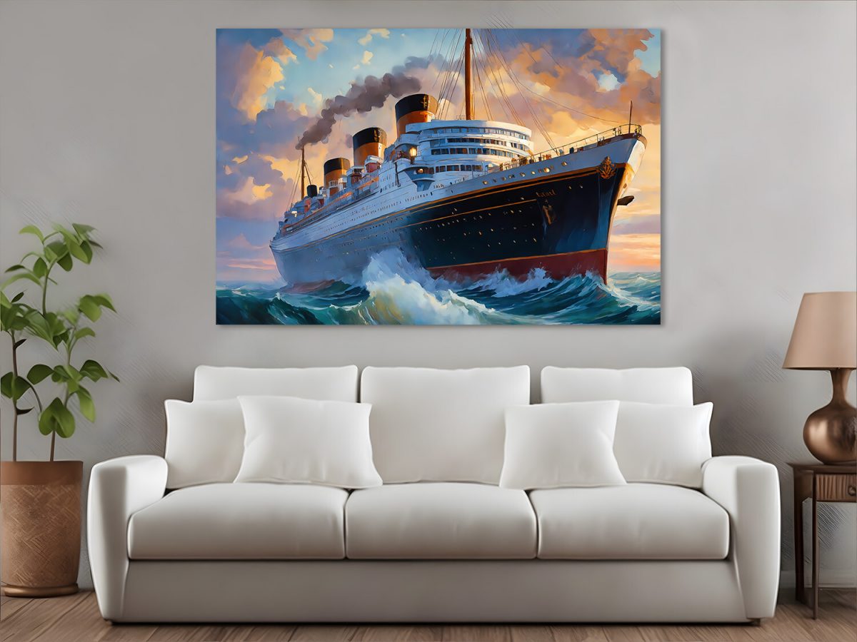 Ozeandampfer mit drei Schornsteinen – wie Ölgemälde, Digital Art, KI Art