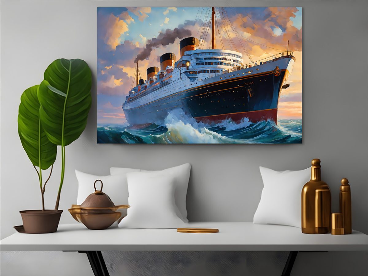 Ozeandampfer mit drei Schornsteinen – wie Ölgemälde, Digital Art, KI Art