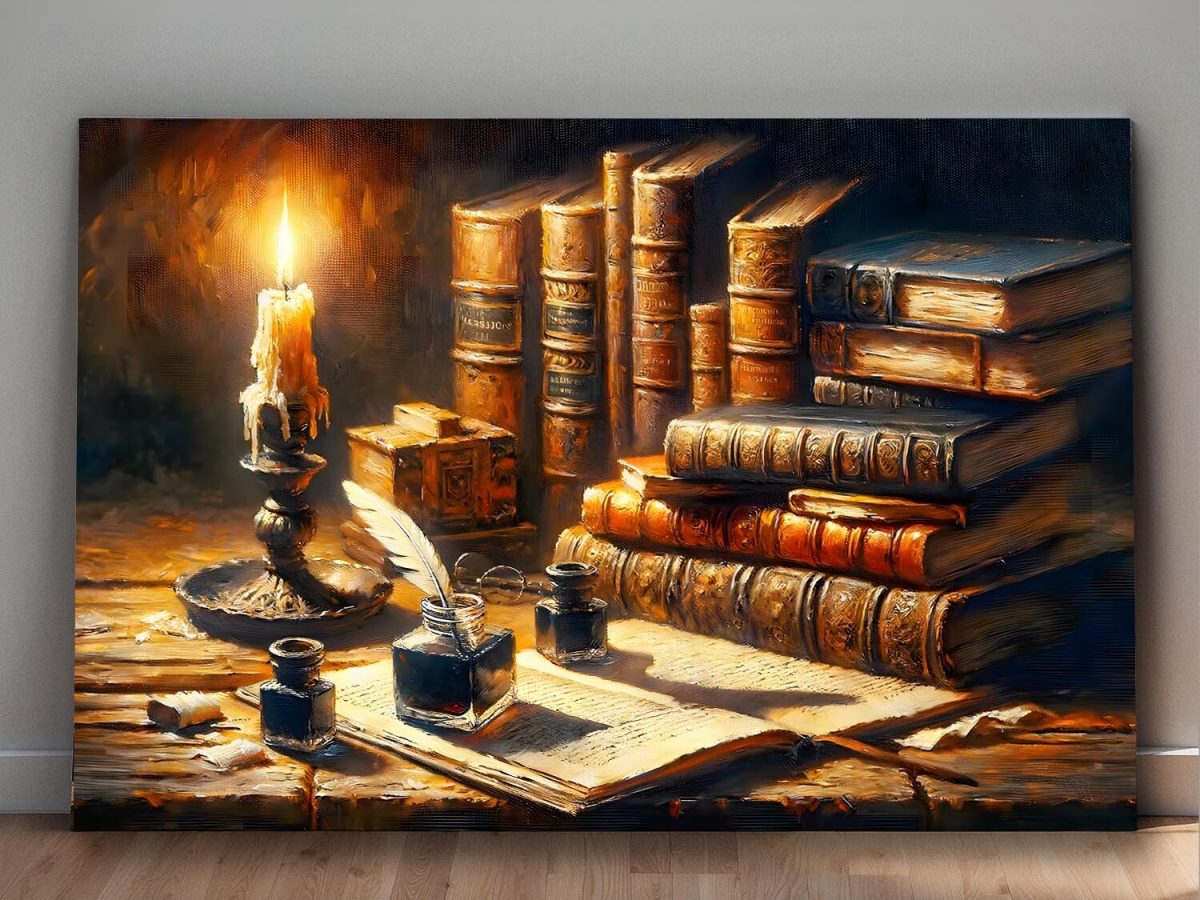 57-360.jpg Stillleben antike Bücker, Tintenfass bei Kerzenlich, Digital Art,