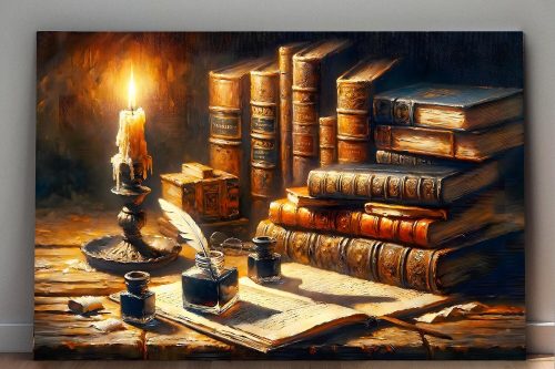 57-360.jpg Stillleben antike Bücker, Tintenfass bei Kerzenlich, Digital Art,