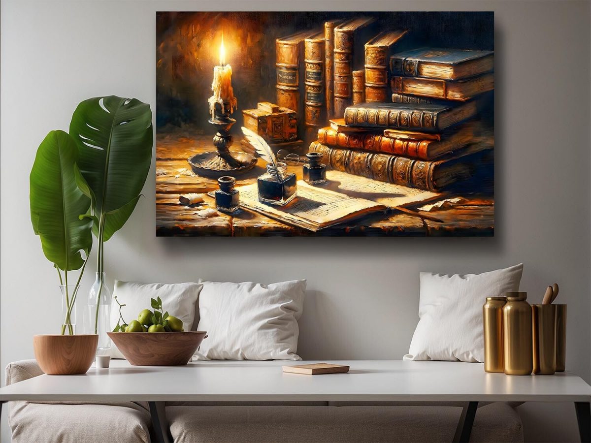 57-362.jpg Stillleben antike Bücker, Tintenfass bei Kerzenlich, Digital Art,