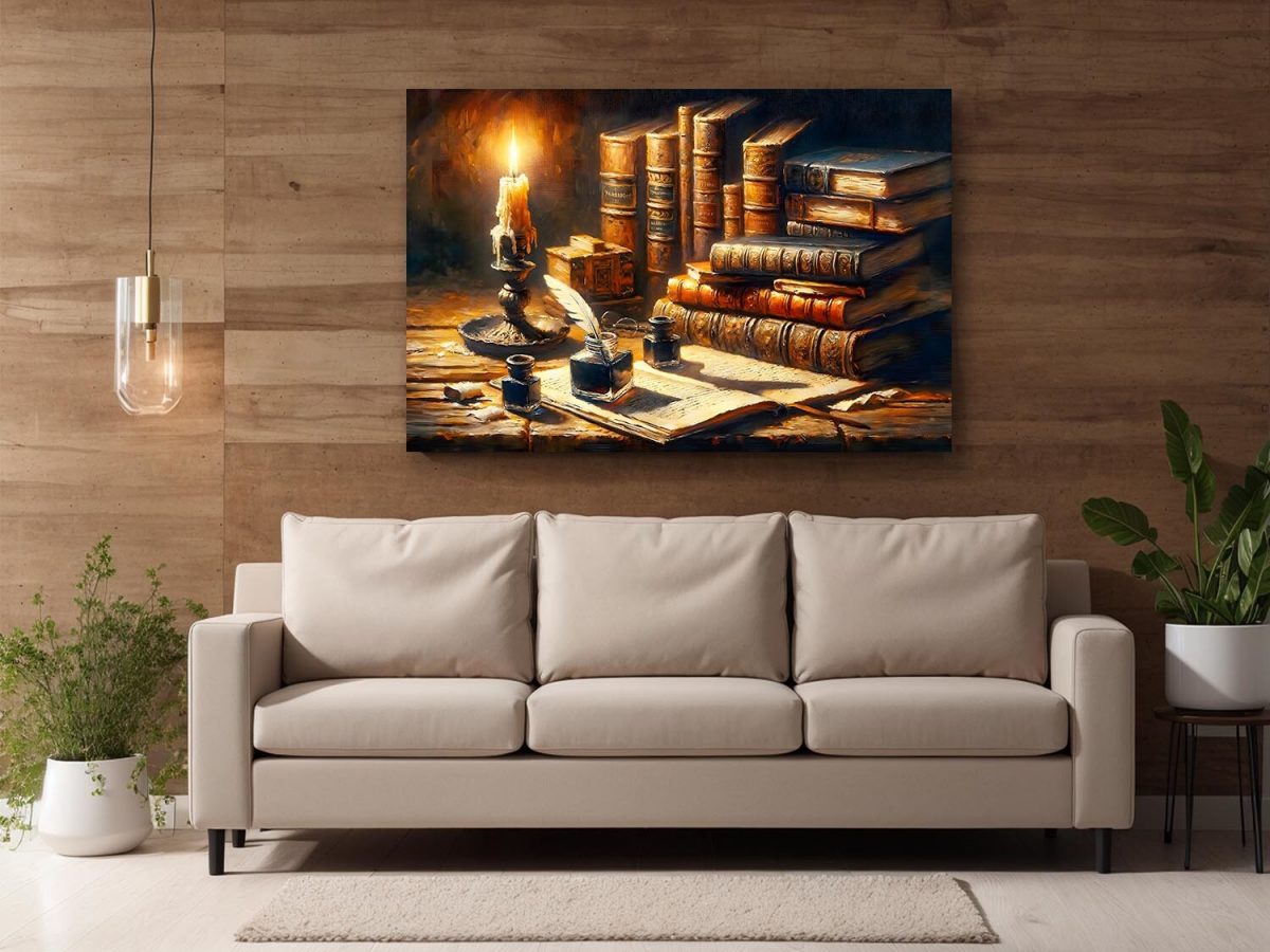 57-363.jpg Stillleben antike Bücker, Tintenfass bei Kerzenlich, Digital Art,