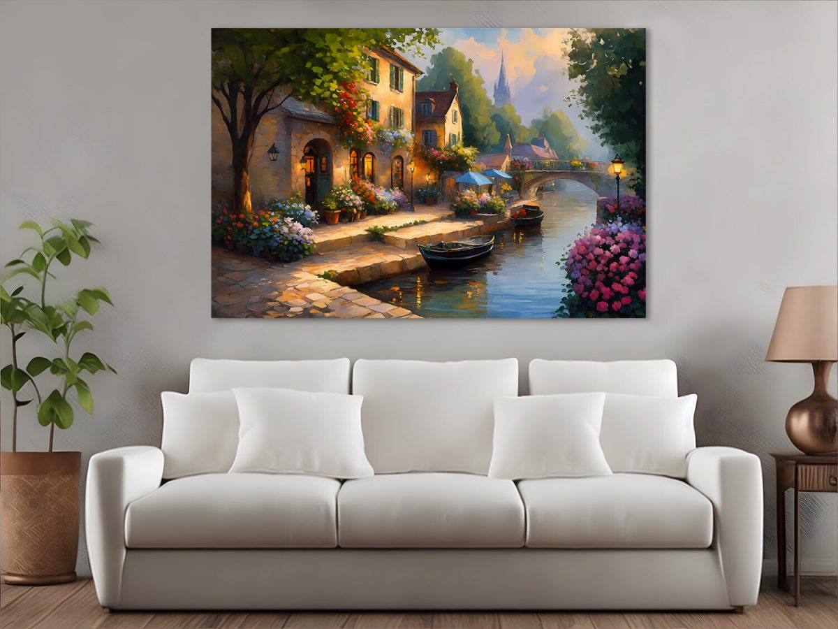 Europäisches Dorf am Abend – wie Ölgemälde, Digital Art, KI Art