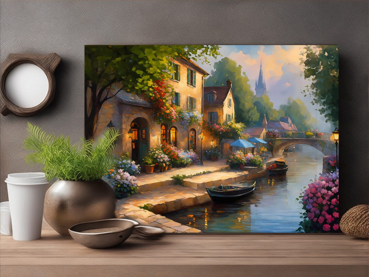 Europäisches Dorf am Abend – wie Ölgemälde, Digital Art, KI Art