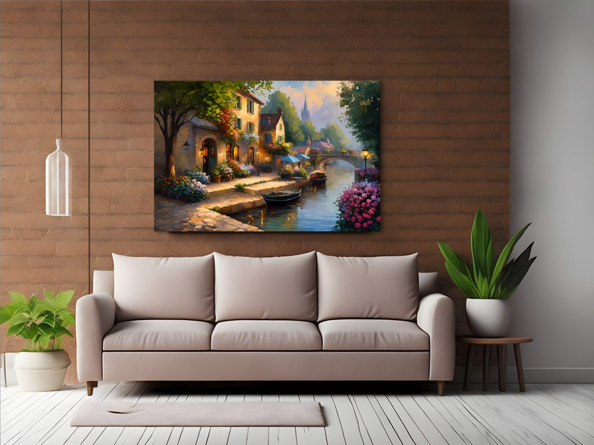 Europäisches Dorf am Abend – wie Ölgemälde, Digital Art, KI Art