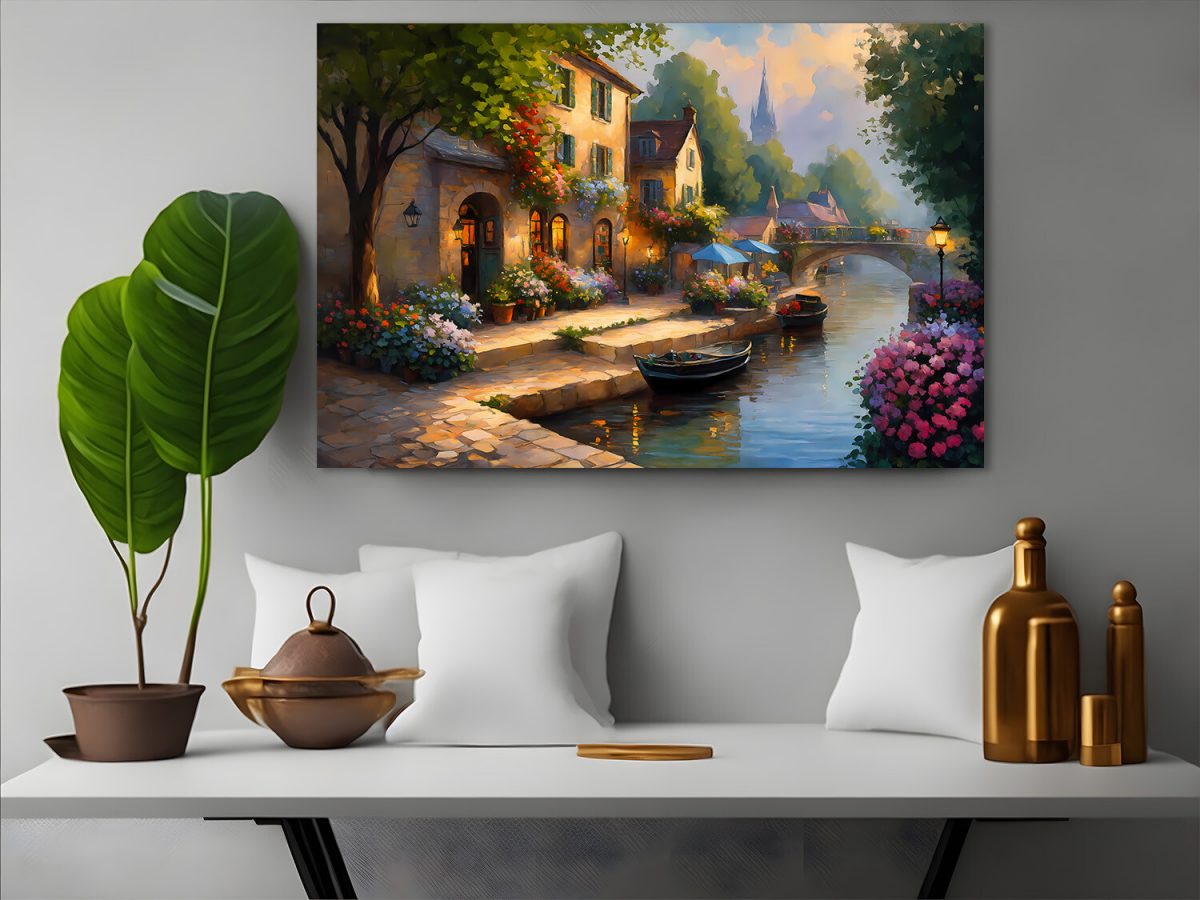 Europäisches Dorf am Abend – wie Ölgemälde, Digital Art, KI Art