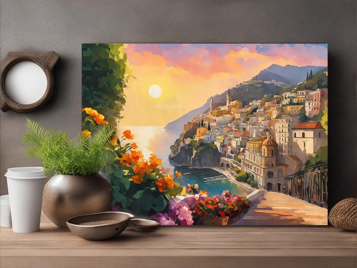 Blick auf die Amalfiküste– wie Ölgemälde, Digital Art, KI Art