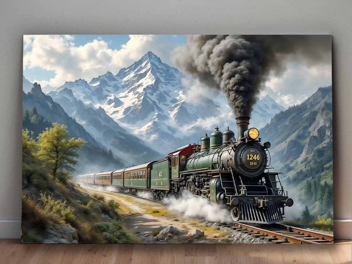Dampflok fährt durch malerische Berglandschaft , Druck auf Leinwand