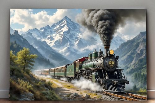 Dampflok fährt durch malerische Berglandschaft , Druck auf Leinwand