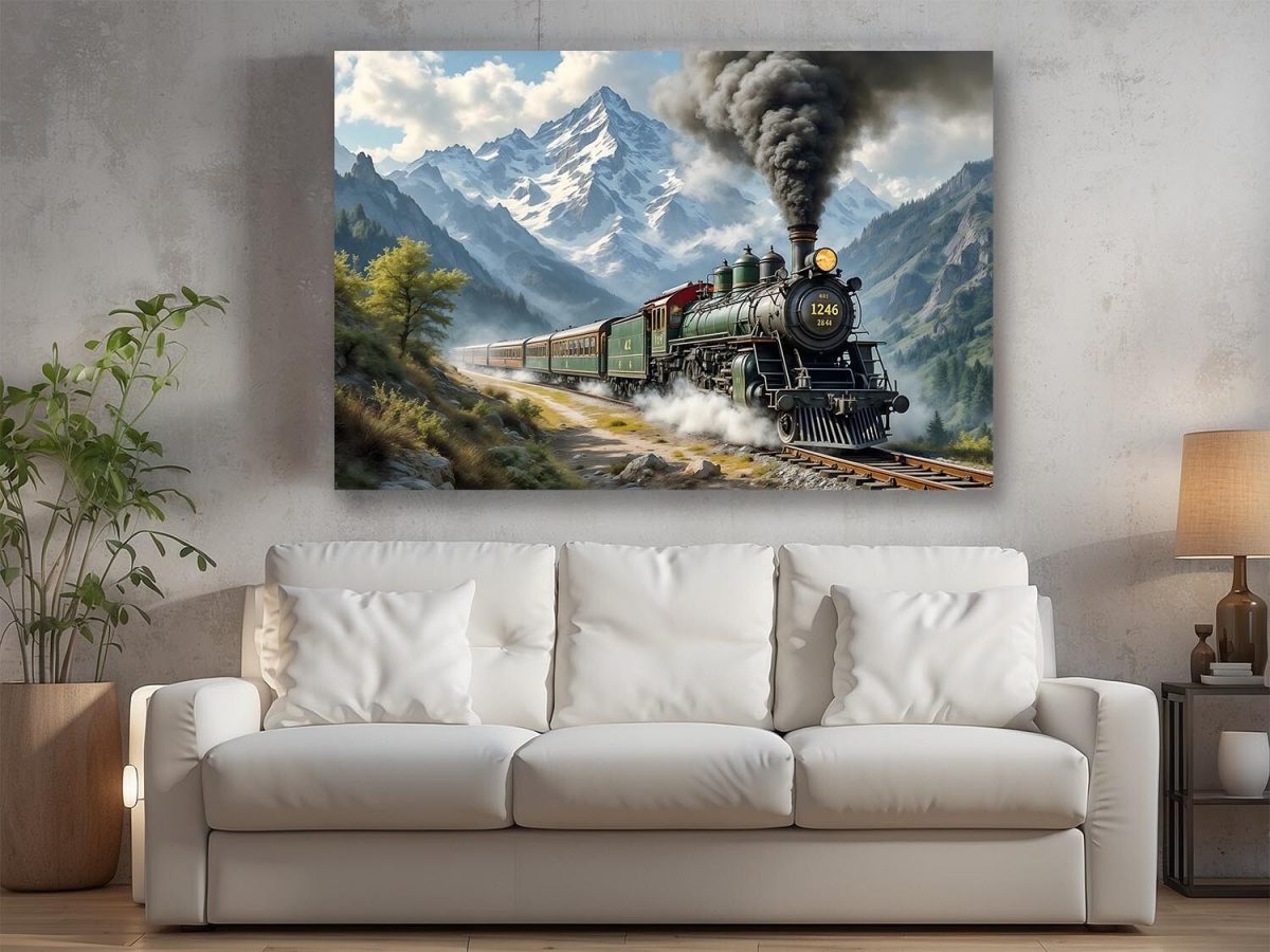 Dampflok fährt durch malerische Berglandschaft , Druck auf Leinwand