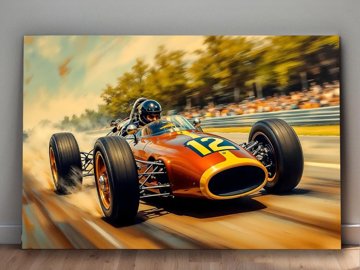 Historischer Rennwagen in dynamischer Fahrt – Druck auf Leinwand