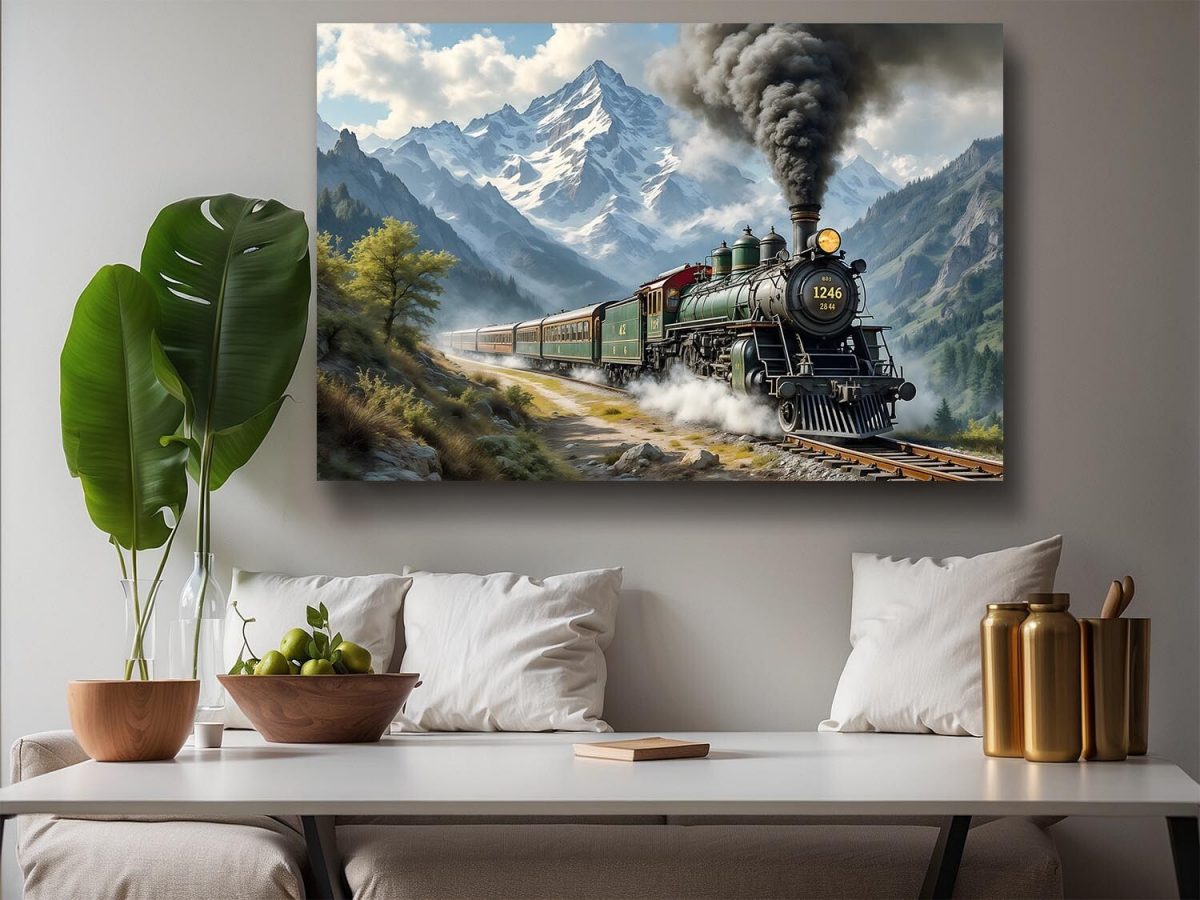 Dampflok fährt durch malerische Berglandschaft , Druck auf Leinwand