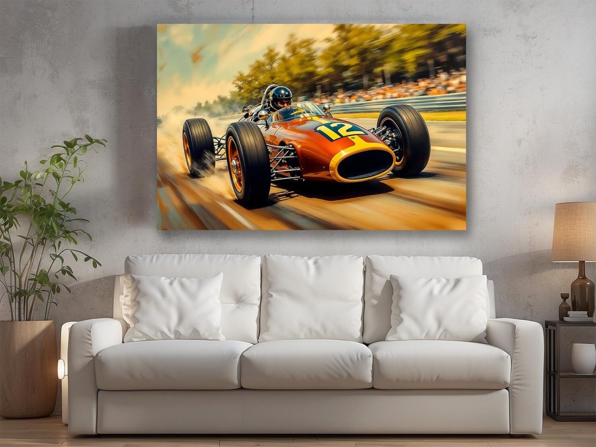 Historischer Rennwagen in dynamischer Fahrt – Druck auf Leinwand