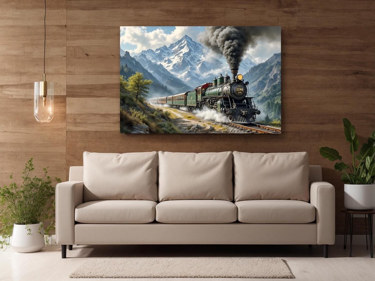 Dampflok fährt durch malerische Berglandschaft , Druck auf Leinwand