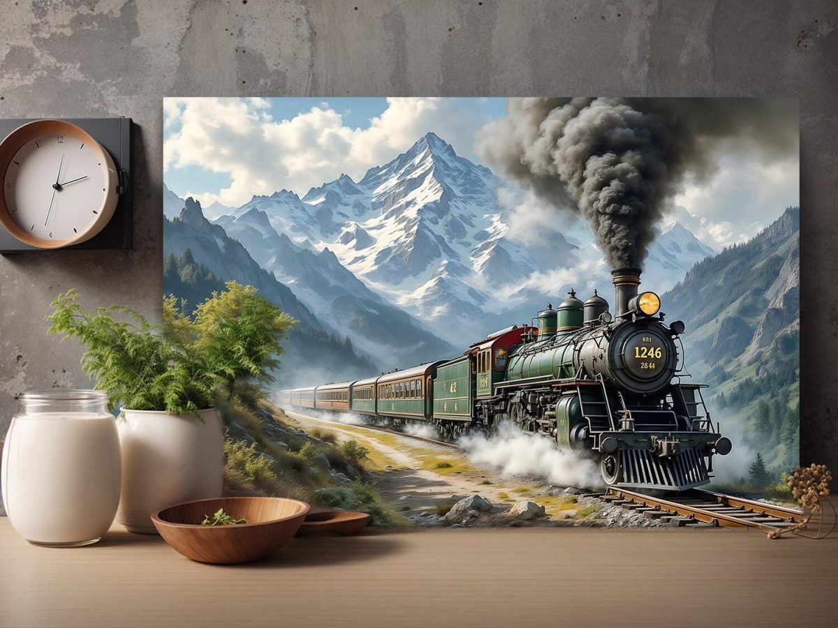 Dampflok fährt durch malerische Berglandschaft , Druck auf Leinwand