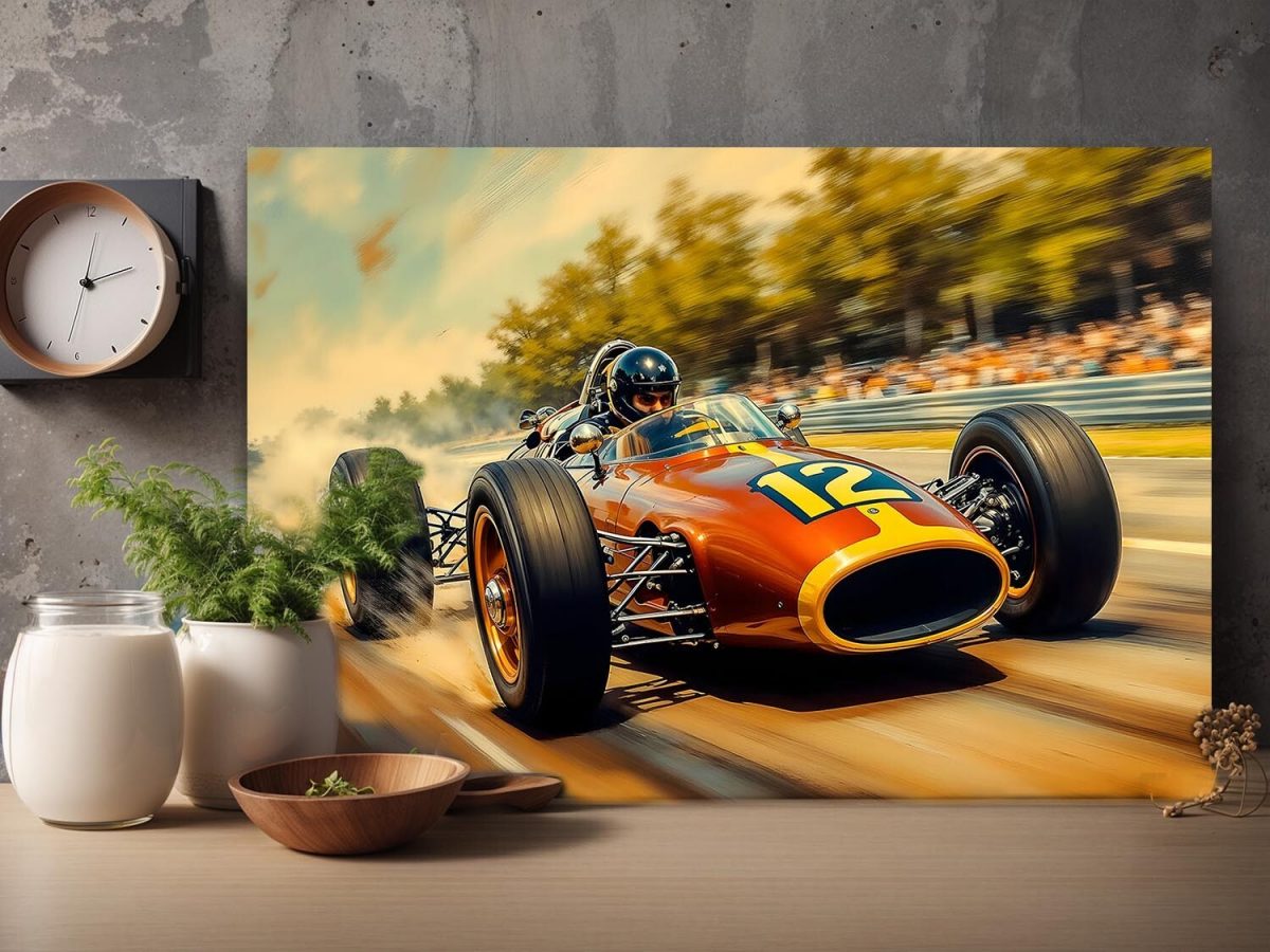 Historischer Rennwagen in dynamischer Fahrt – Druck auf Leinwand
