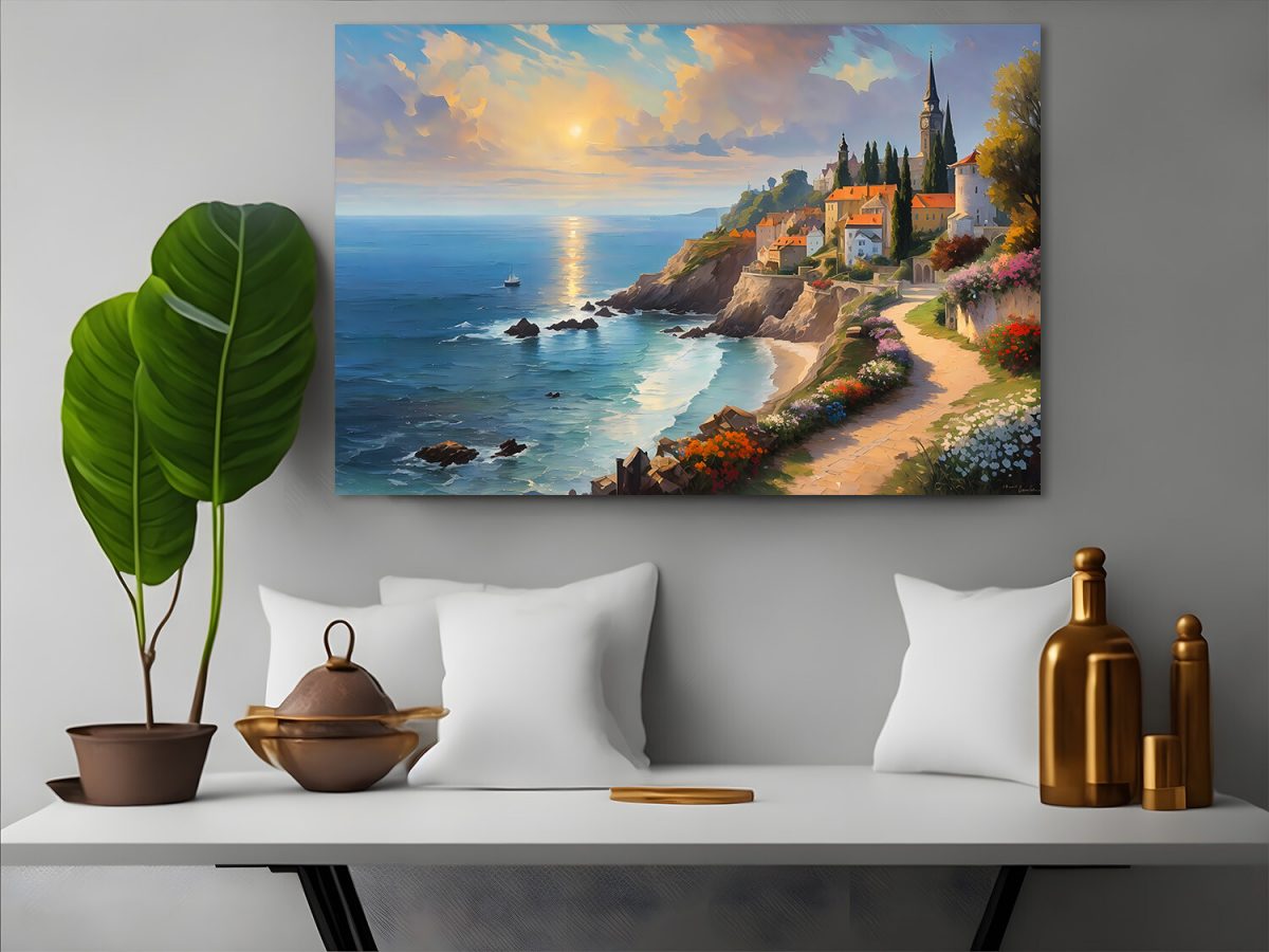 Küstendorf bei Sonnenuntergang – wie Ölgemälde, Digital Art, KI Art