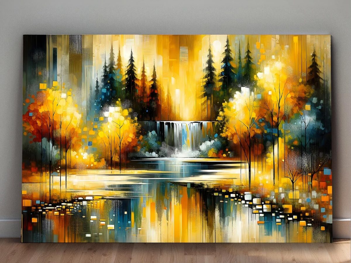 Abstrake Herbstszene mit Wasserfall im Park, Digital Art, KI Art