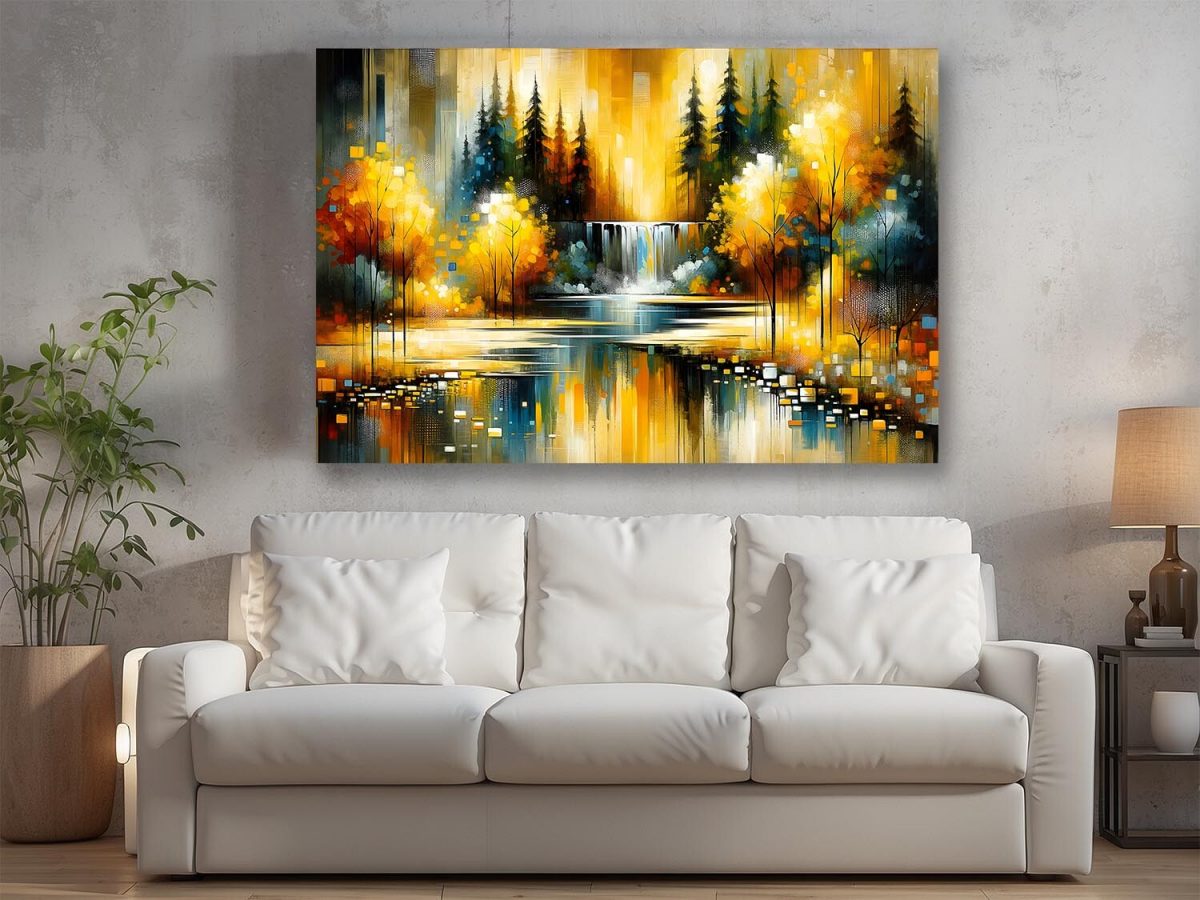 Abstrake Herbstszene mit Wasserfall im Park, Digital Art, KI Art