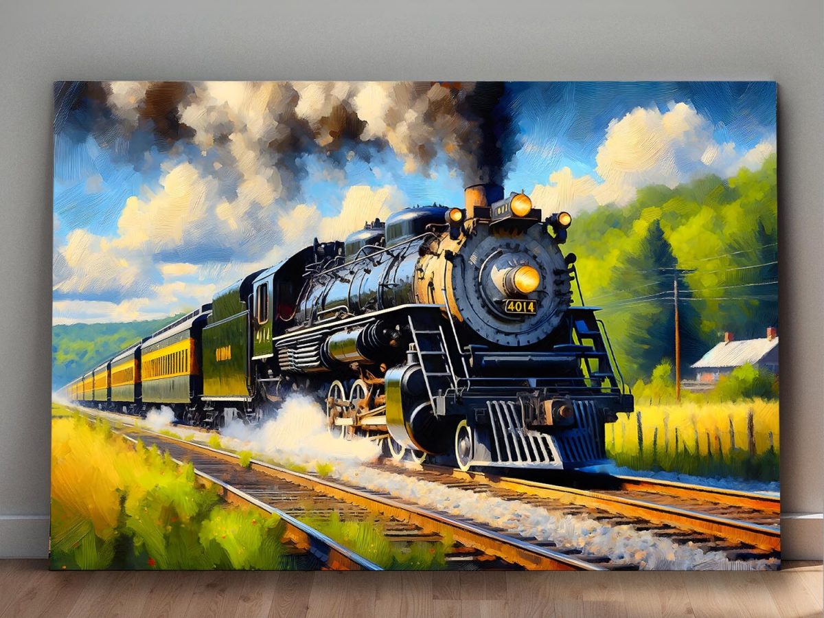 Dampflok fährt durch malerische Landschaft , Digital Art, KI Art