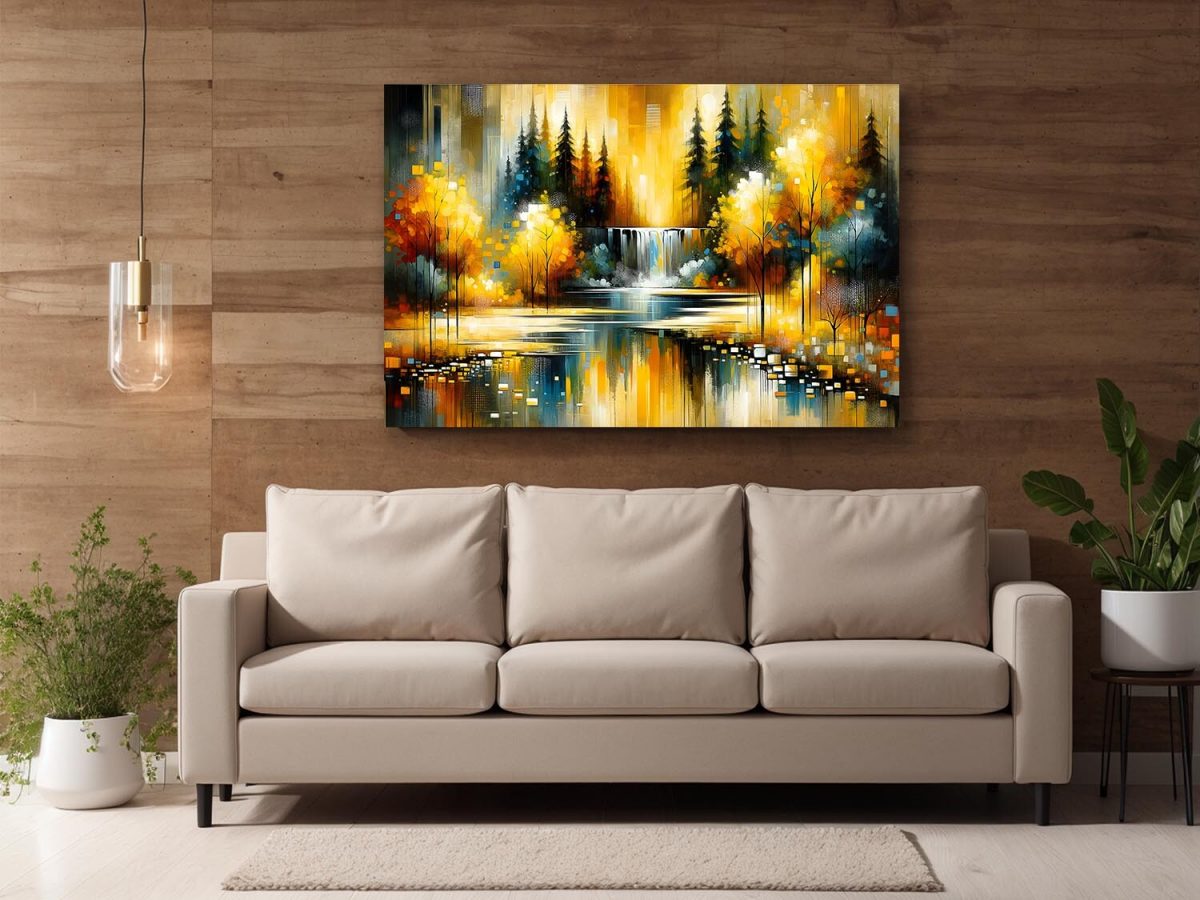 Abstrake Herbstszene mit Wasserfall im Park, Digital Art, KI Art