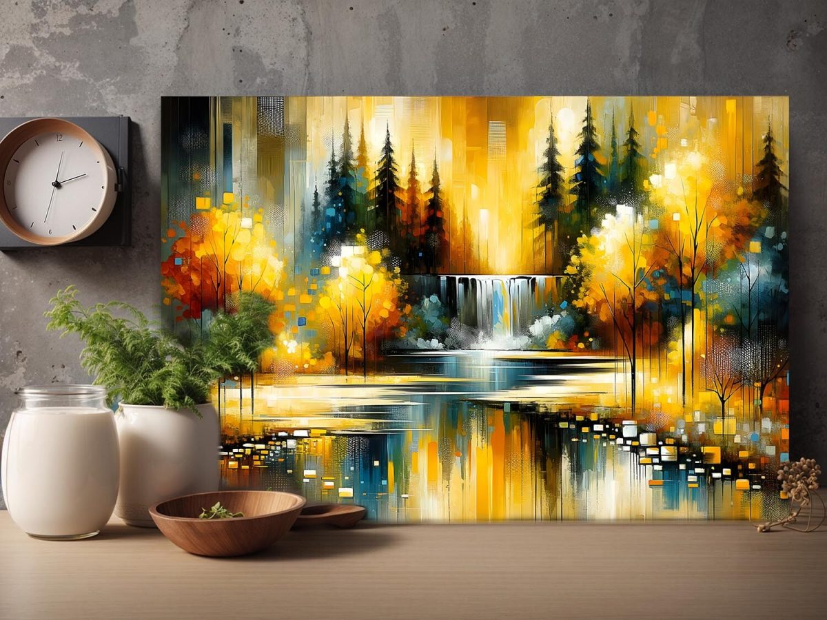 Abstrake Herbstszene mit Wasserfall im Park, Digital Art, KI Art