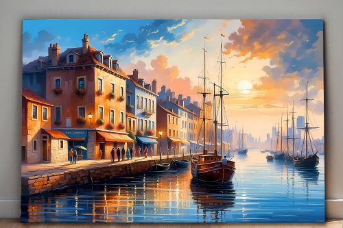 Hafen im Sonnenuntergang– wie Ölgemälde, Digital Art, KI Art